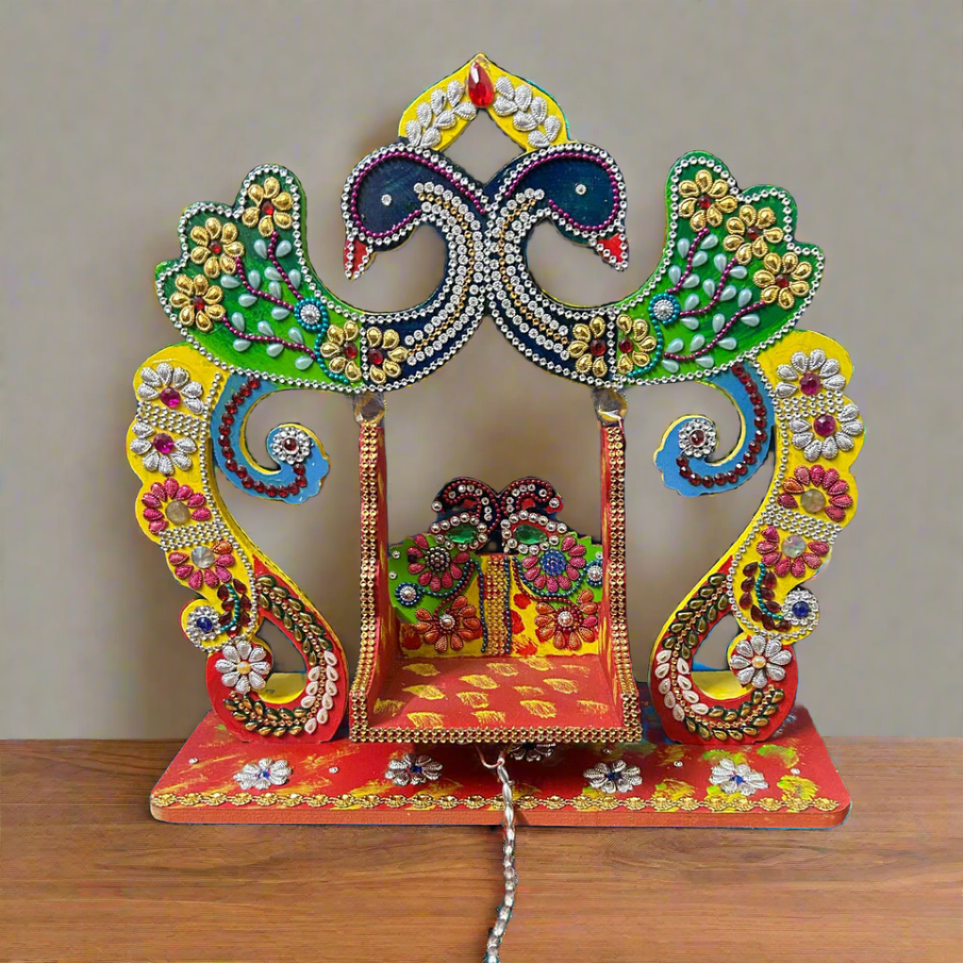 Beautiful Wooden Handicrafted Peacock Swing Jhula for Laddu Gopal Krishna for Home Mandir Temple