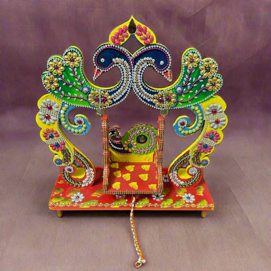 Beautiful Wooden Handicrafted Peacock Swing Jhula for Laddu Gopal Krishna for Home Mandir Temple