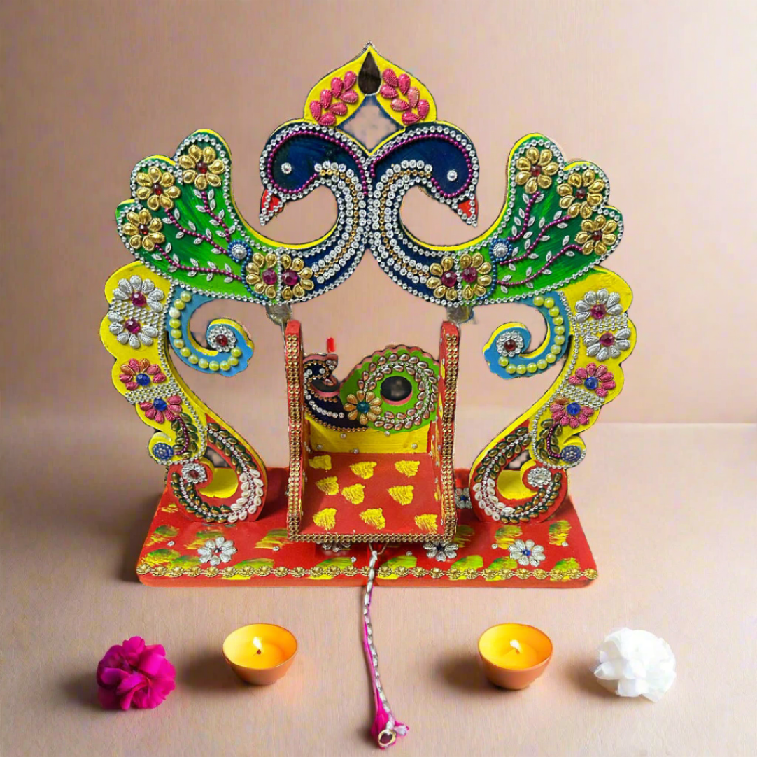 Beautiful Wooden Handicrafted Peacock Swing Jhula for Laddu Gopal Krishna for Home Mandir Temple