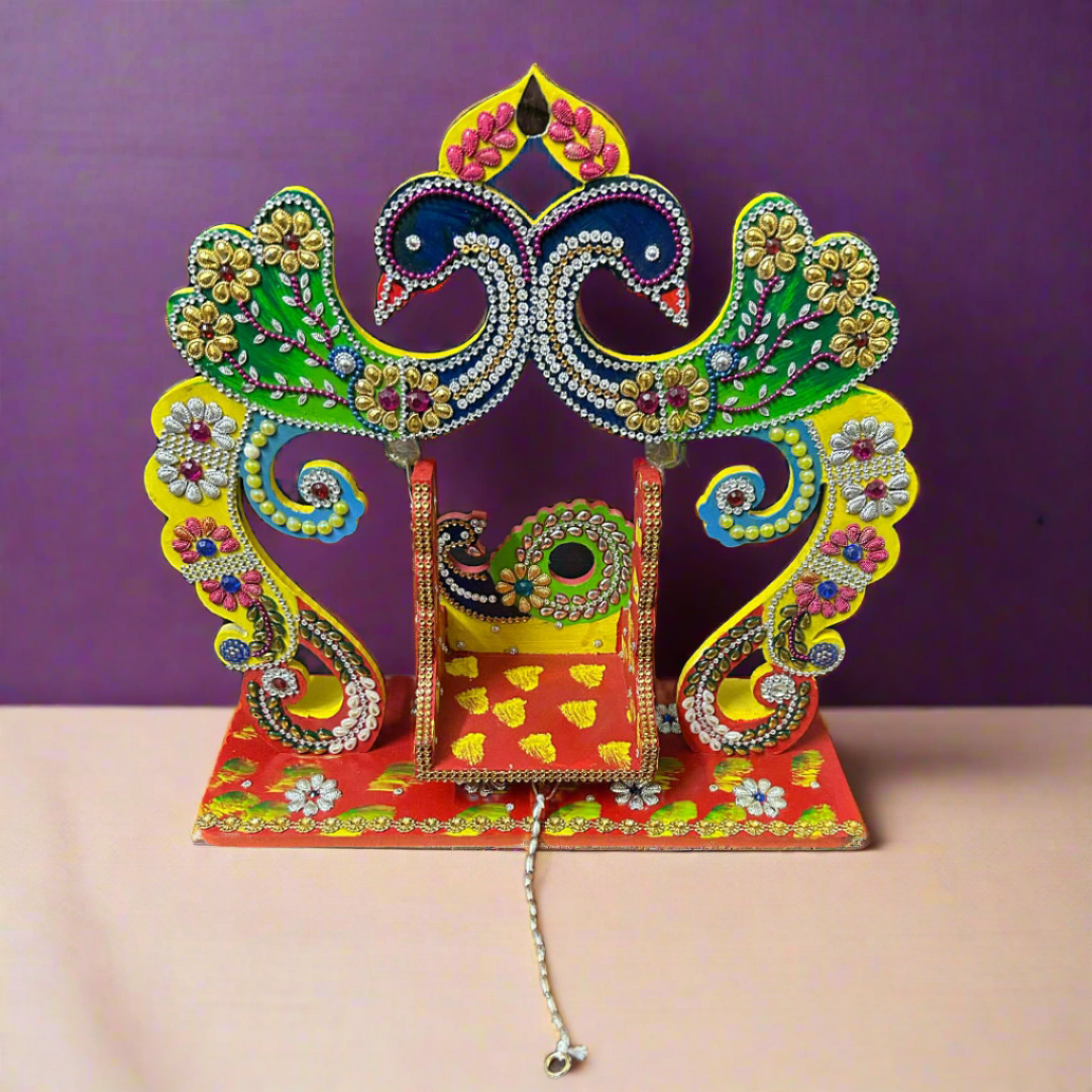 Beautiful Wooden Handicrafted Peacock Swing Jhula for Laddu Gopal Krishna for Home Mandir Temple