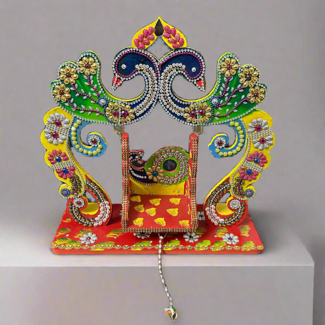 Beautiful Wooden Handicrafted Peacock Swing Jhula for Laddu Gopal Krishna for Home Mandir Temple