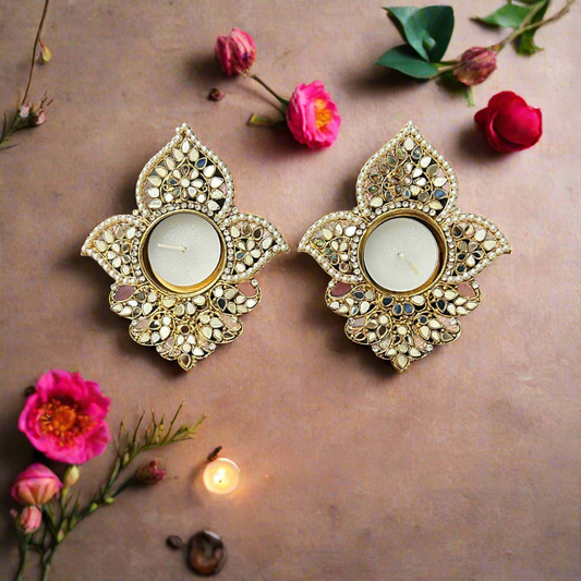 (Single) Metal Leaf Shape Mirror Tea Light