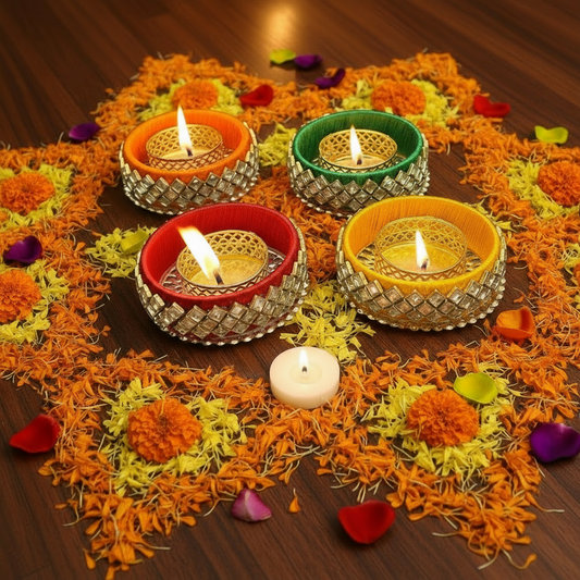 Set Of 2 Diamond Bangle Diya Tea Light – Diwali Decorative T-light Holder (Assorted Colors)