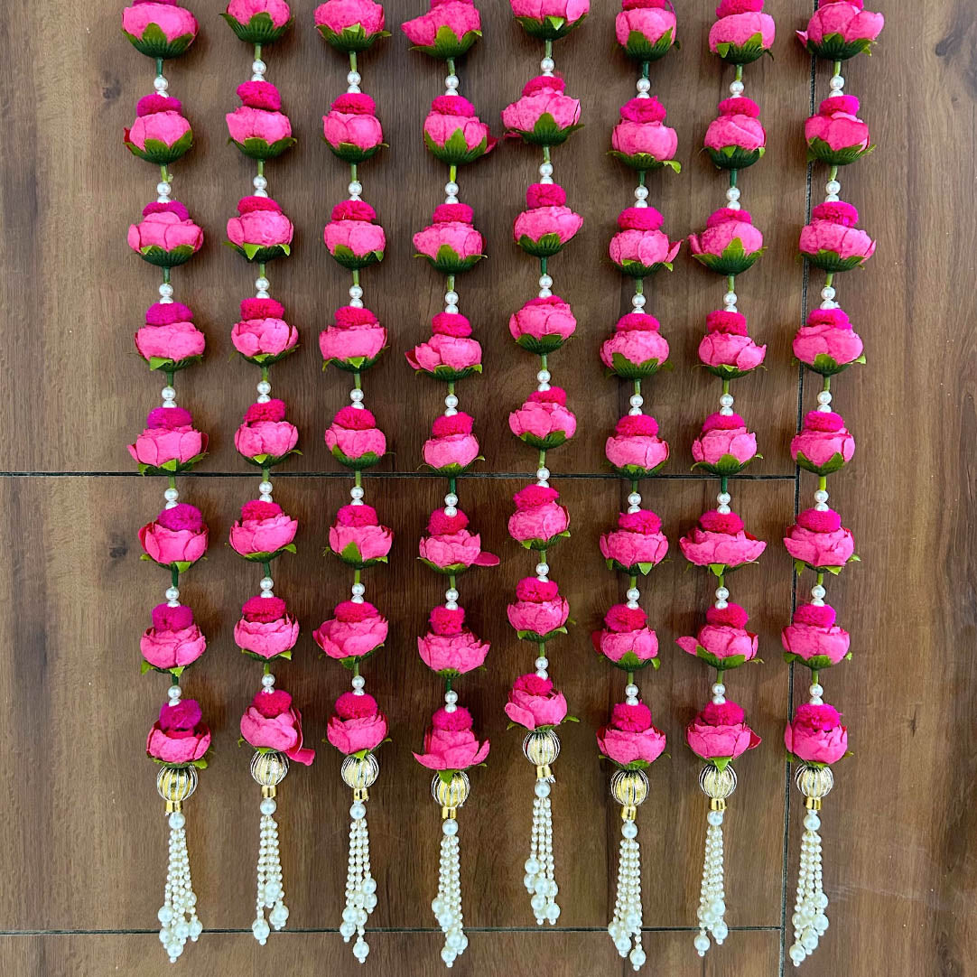 Pink Peony Rose & Pearl Latkan – Elegant Hanging Decoration for Pooja, Festivals, Home Temple, Door, and Backdrop Decor – Handmade Floral Tassel with Artificial Flowers and Beads