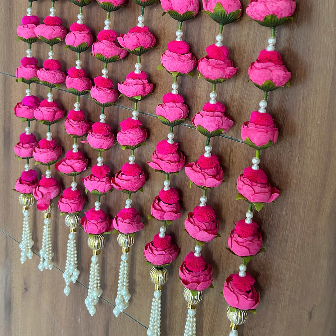 Pink Peony Rose & Pearl Latkan – Elegant Hanging Decoration for Pooja, Festivals, Home Temple, Door, and Backdrop Decor – Handmade Floral Tassel with Artificial Flowers and Beads