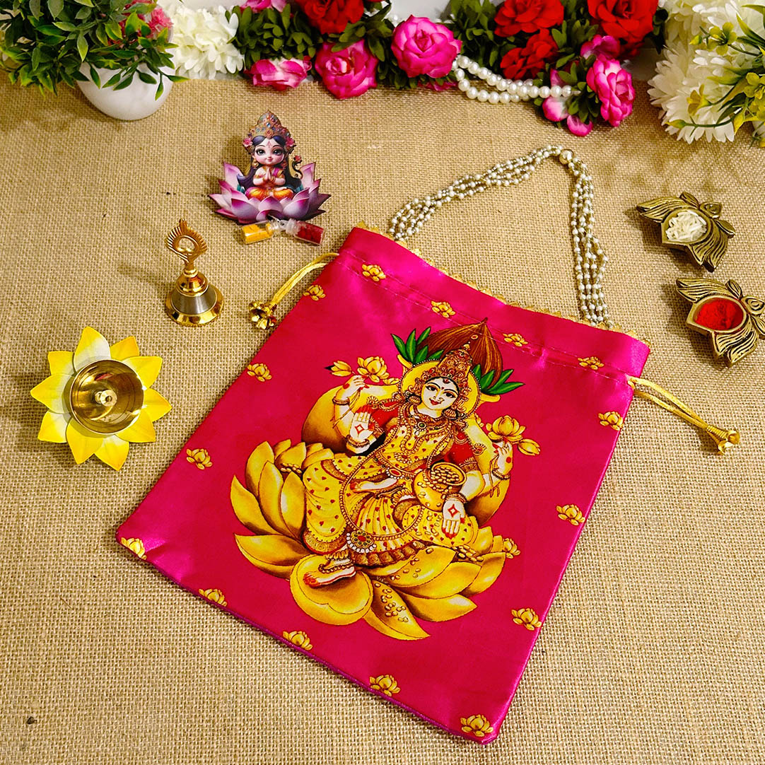Varalakshmi Vratam Return Gift Combo | Lakshmi Potli Bag, Haldi Kumkum, Pooja Bell & Flower Diya | Set of 4