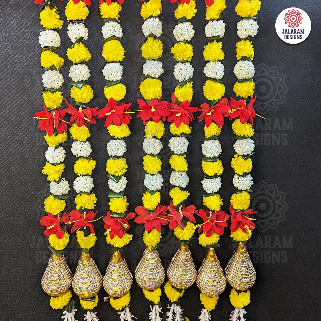 Decorative Yellow Marigold, Rajnigandha, And Diamond Dangler Strings