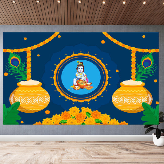 Bal Krishna with Matuki Design Backdrop Cloth for Pooja Decoration Traditional Background Size (5x8) FT