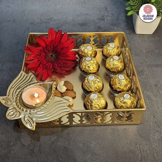 Metal Tray With Lotus Diya