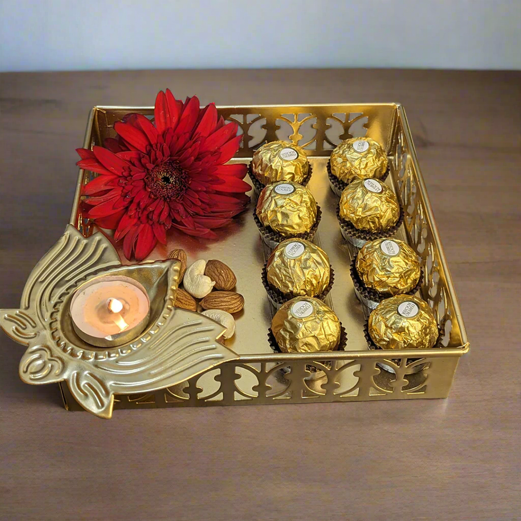 Metal Tray With Lotus Diya