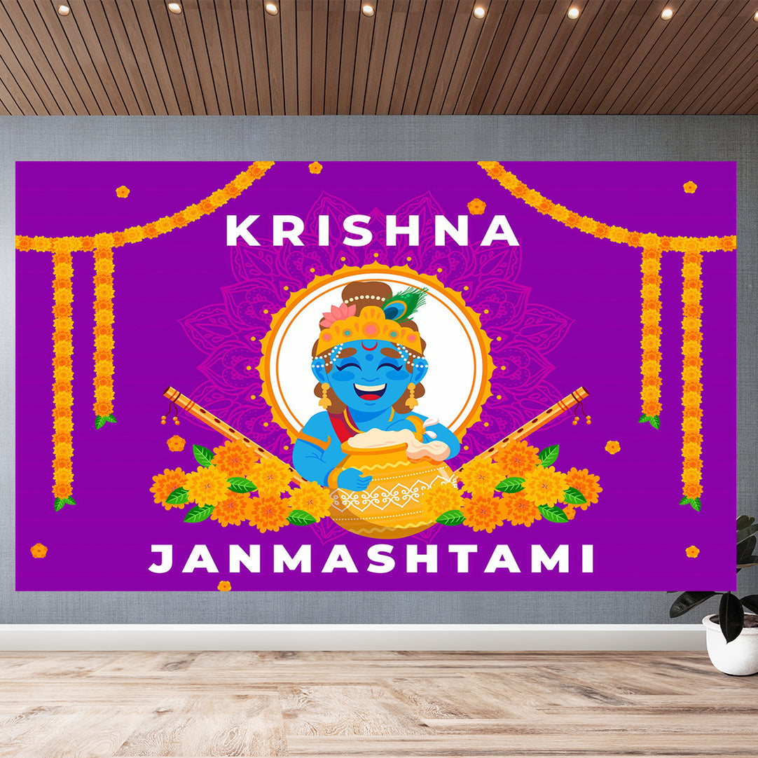 Garlands and Matuki with Bal Krishnaji Design Backdrop Cloth for Pooja Decoration Traditional Background Size (5x8) FT