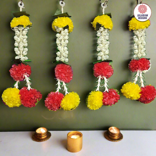 Yellow-Red Marigold And Gajra Mini Garland (Pair)