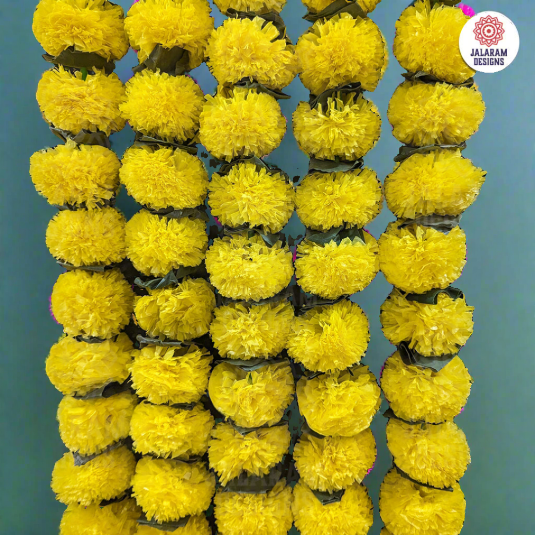 Decorative Plain Yellow Marigold Flower And Greean Leaves Garland Strings