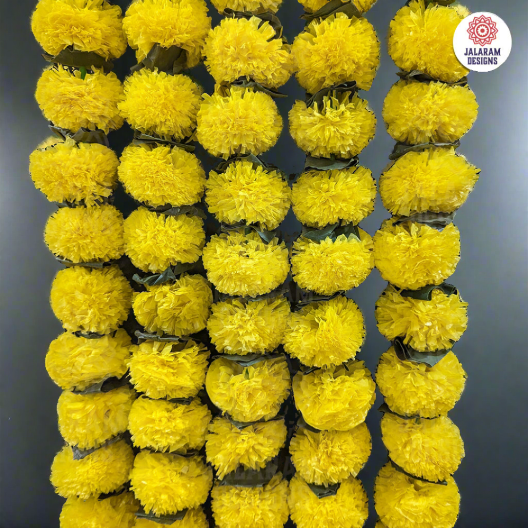 Decorative Plain Yellow Marigold Flower And Greean Leaves Garland Strings