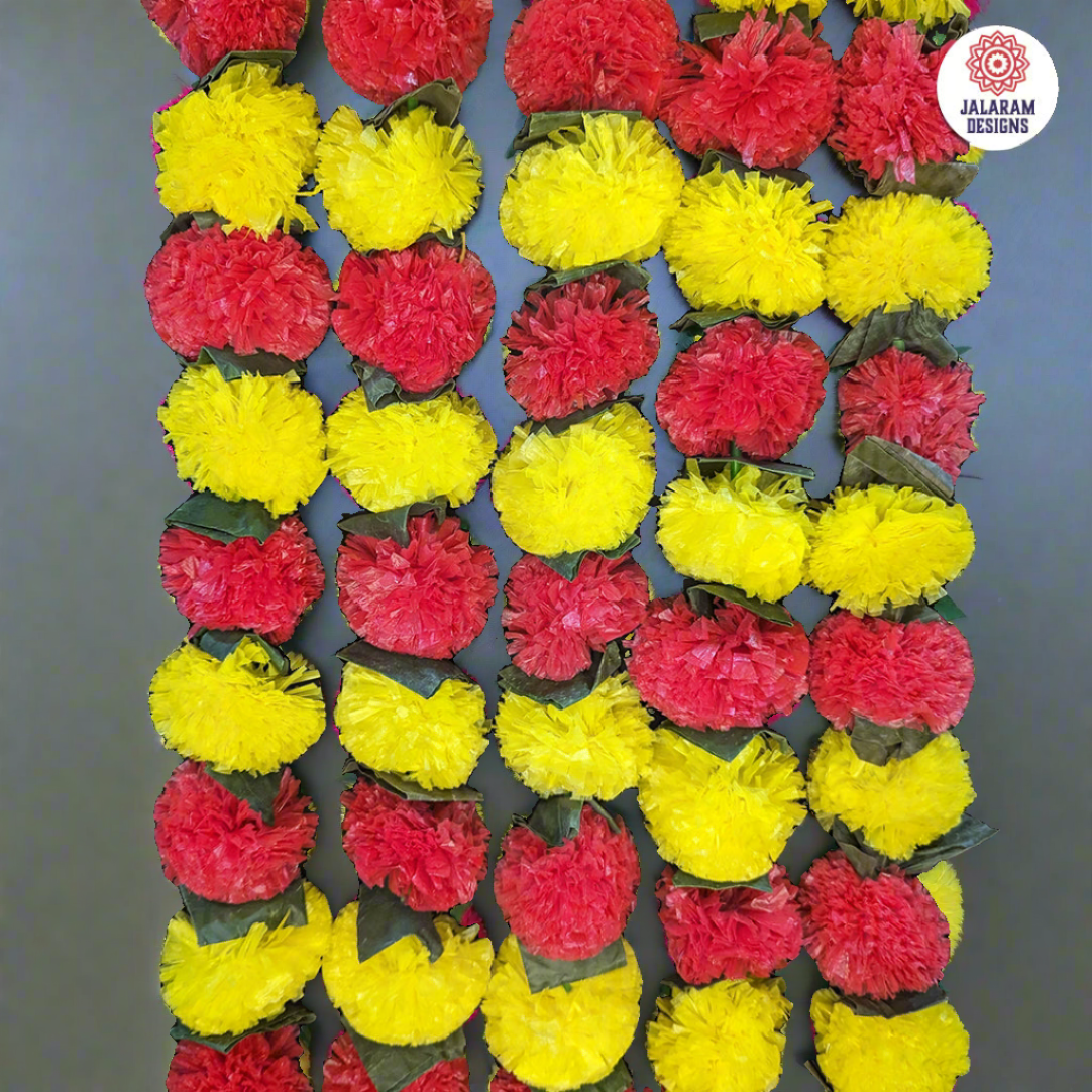 Decorative Yellow And Red Marigold Flower And Greean Leaves Garland Strings