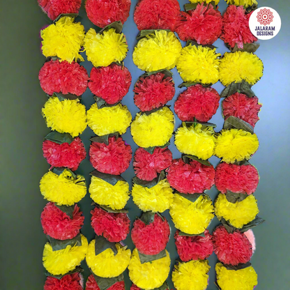 Decorative Yellow And Red Marigold Flower And Greean Leaves Garland Strings