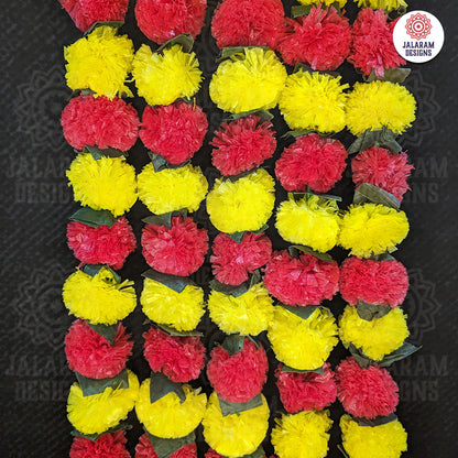 Decorative Yellow And Red Marigold Flower And Greean Leaves Garland Strings