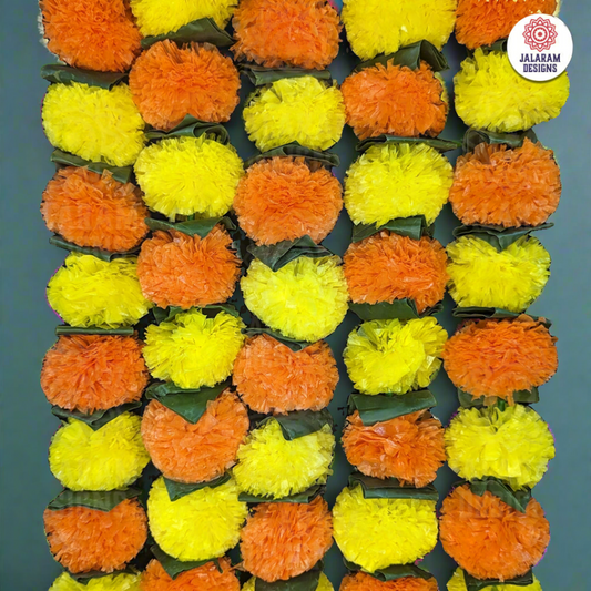 Decorative Yellow And Orange Marigold Flower And Greean Leaves Garland Strings