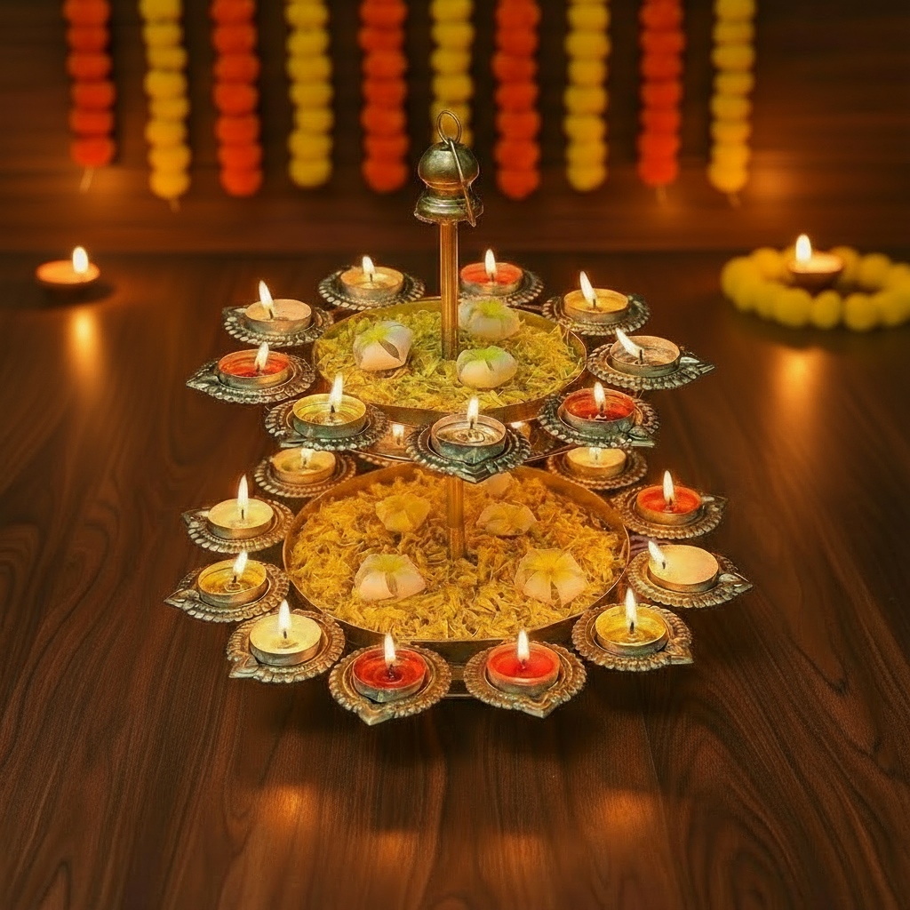 Two Tier Gold Diya Urli