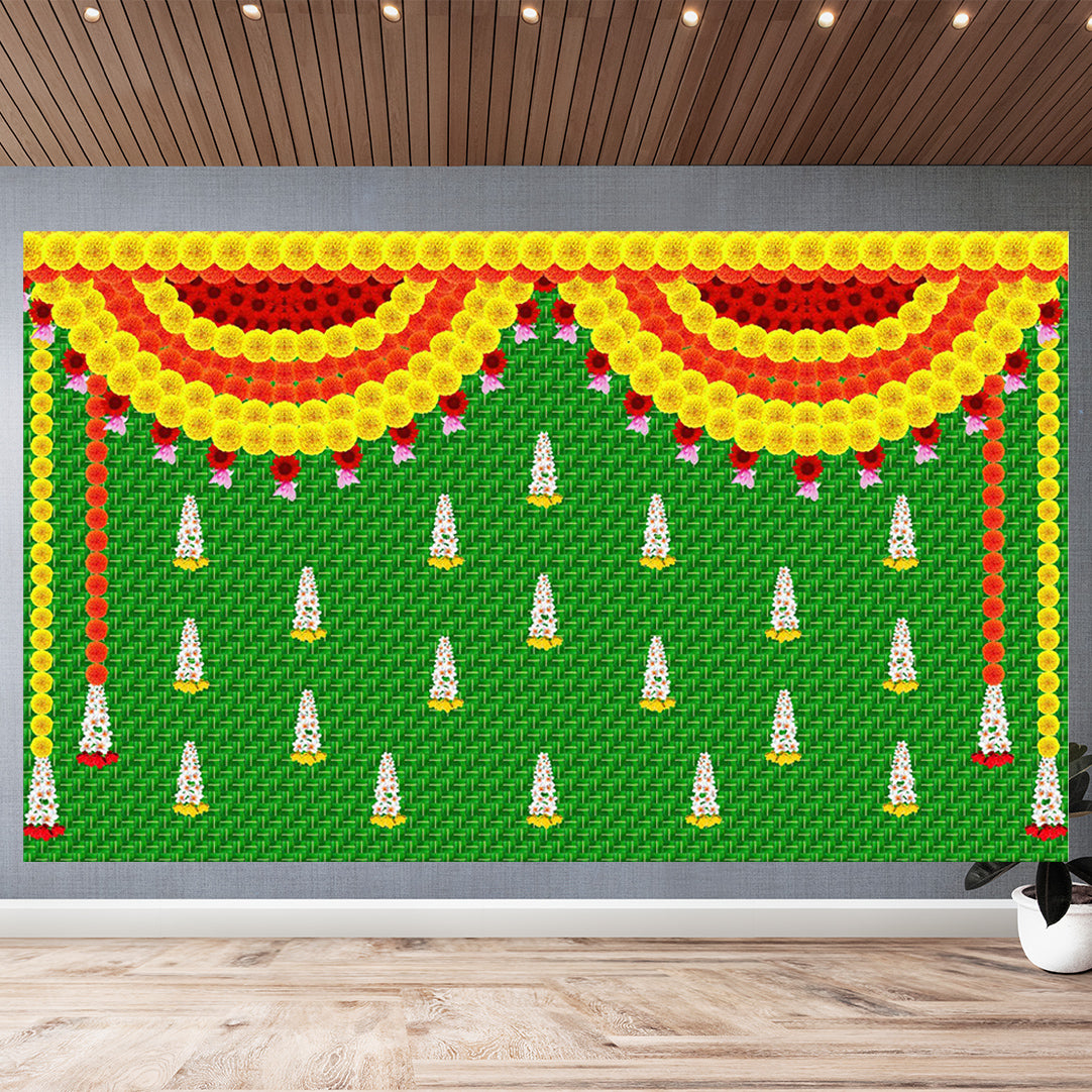 Weaved Coconut Leaf and Hanging Flowers Design Decoration Backdrop Cloth for Pooja Decoration Size (5x8) FT