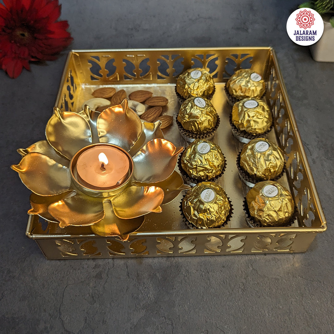 Metal Tray With Flower Diya