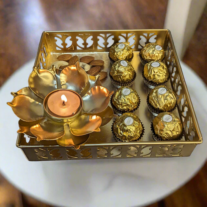 Metal Tray With Flower Diya