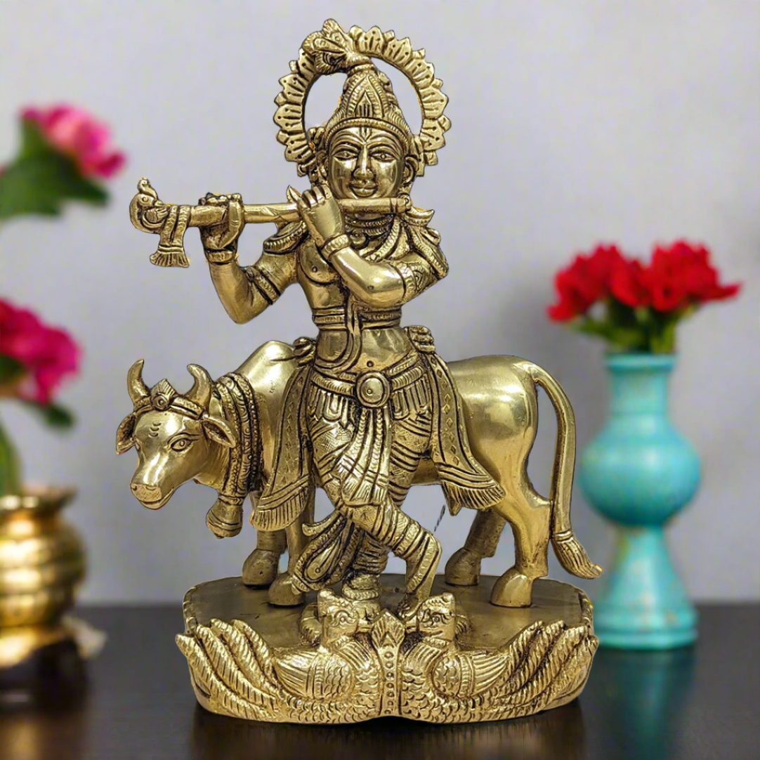 Brass Lord Krishna Playing Flute with Cow and Peacock