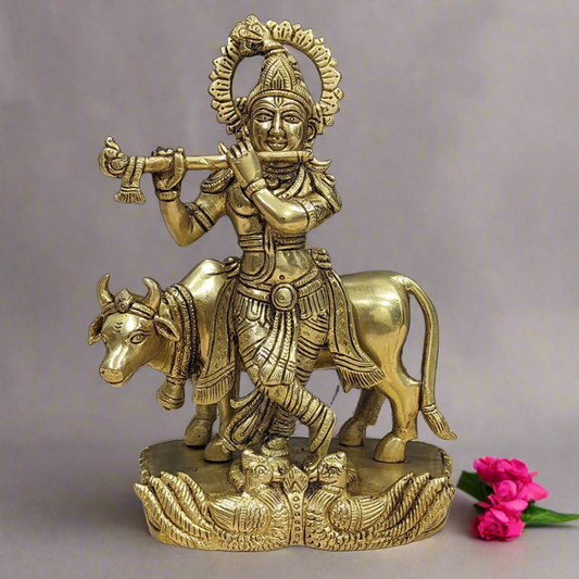 Brass Lord Krishna Playing Flute with Cow and Peacock