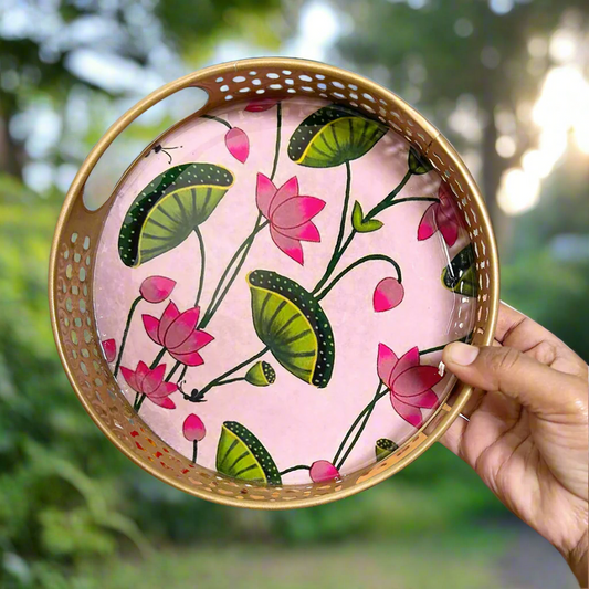 Circular Golden Tray with Pink Pichwai Art – 8 Inch Decorative Tray for Festive & Home Décor