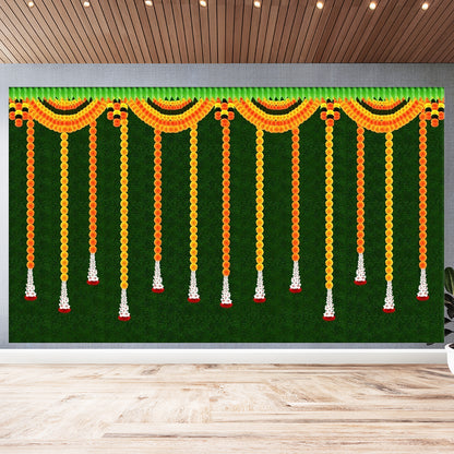 Hanging Flower with Green Grass Background Design Backdrop Curtain for Decoration Backdrop for Pooja Decoration Traditional Size (5x8)FT