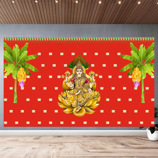 Traditional Varamahalakshmi Backdrop Cloth for Festival Decoration /Varamahalakshmi Pooja Event Home Decoration/Lakshmi Devi Size (5 x 8) FT