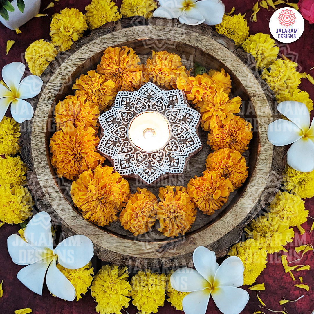 Flower Shaped Wooden Block Tea Light Holder