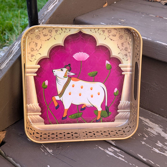 Square Golden Tray with Purple Pichwai Cow Art – 8 Inch Decorative Tray for Festive & Home Décor