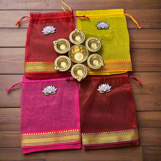 Lotus Cut Brocade Border Potli Bag with Diya Urli