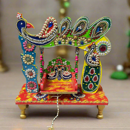 Beautiful Wooden Handicrafted Peacock Swing Jhula for Laddu Gopal Krishna for Home Mandir Temple
