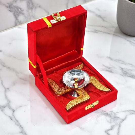 Golden Swastik Diya | Red Box Swastik Diya – Return Gift for Diwali, Pooja, Housewarming & Baby Shower