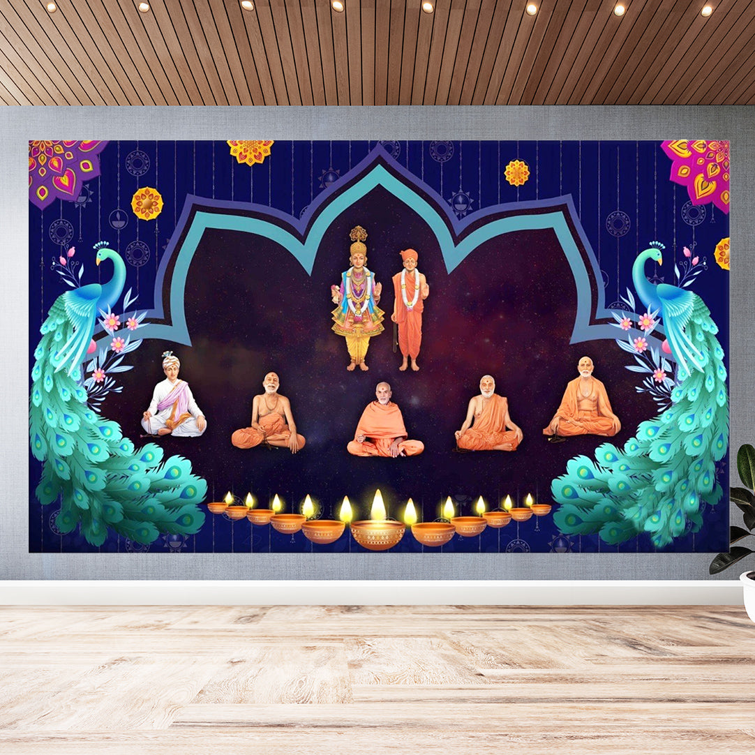 BAPS Sanstha Swaminarayan Bhagwan Design Backdrop Cloth for Pooja Decoration Traditional Background Size (5x8) FT