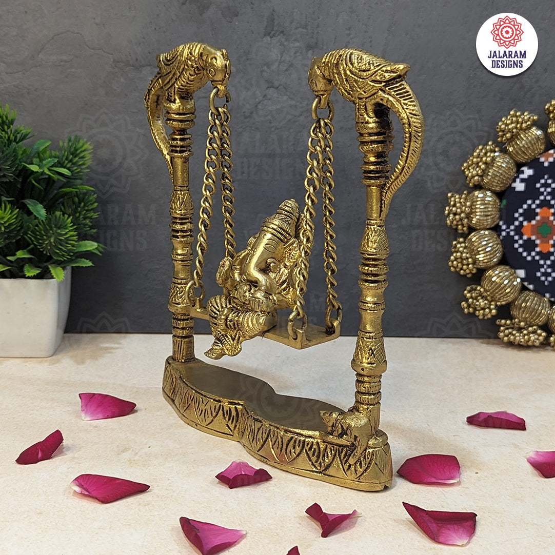 Brass Lord Ganesha Idol on Parrot Swing Jhoola For Home Decor