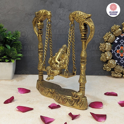 Brass Lord Ganesha Idol on Parrot Swing Jhoola For Home Decor