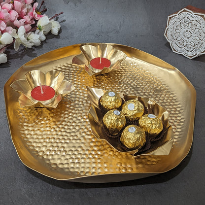 Decorative Metal Tray  With Leaf And Diyas