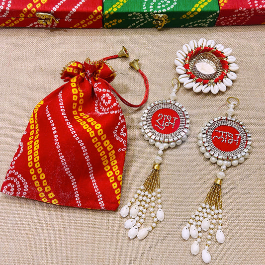 Shubh Labh Gift Hamper | Diwali Hamper with Bandhej Potli Bag, Diamond Shubh Labh Hangings & Kodi Diya