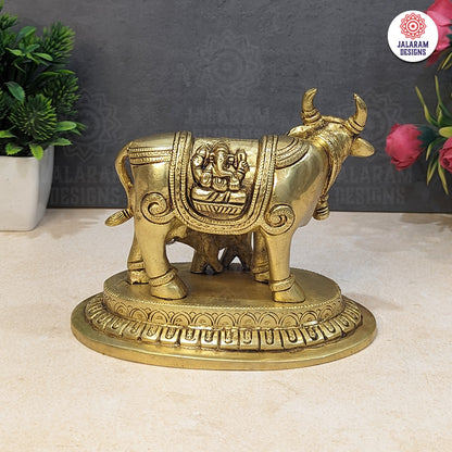 Brass Kamdhenu Cow and Calf Statue