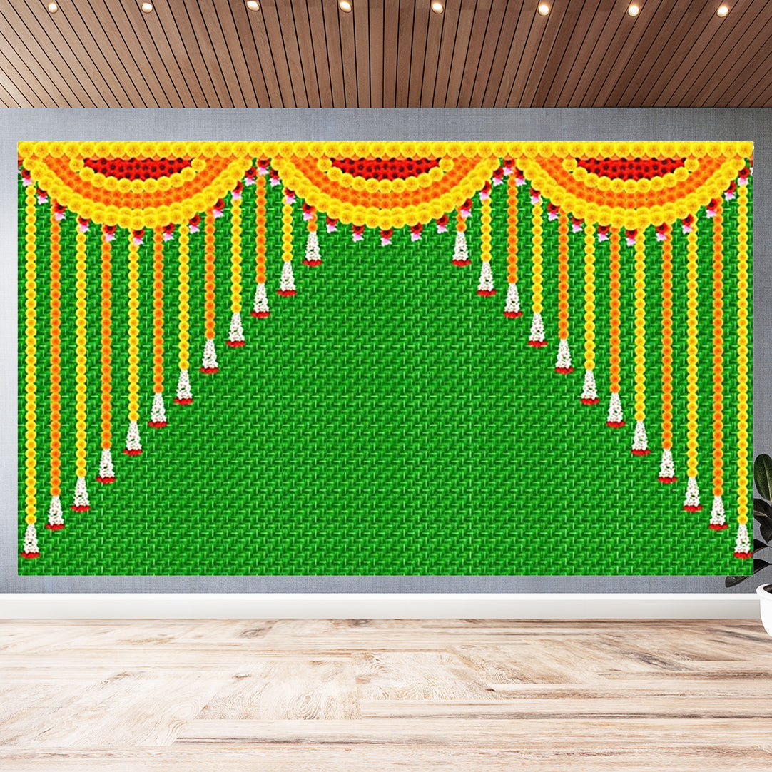 Hanging Marigold Flower and Weaved Coconut Leaf(Kobbariaaku) Design Backdrop Cloth for Pooja Decoration Traditional Background Size (5x8)FT