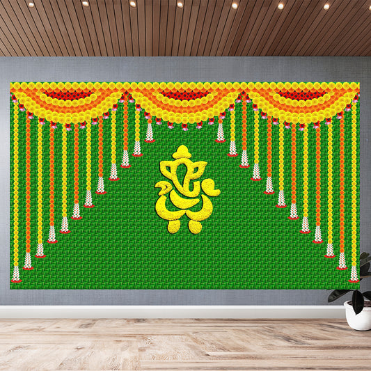 Weaved coconut Leaf with Ganeshji design Backdrop for Pooja Decoration Traditional / Background Curtain for Pooja Size (5x8) FT