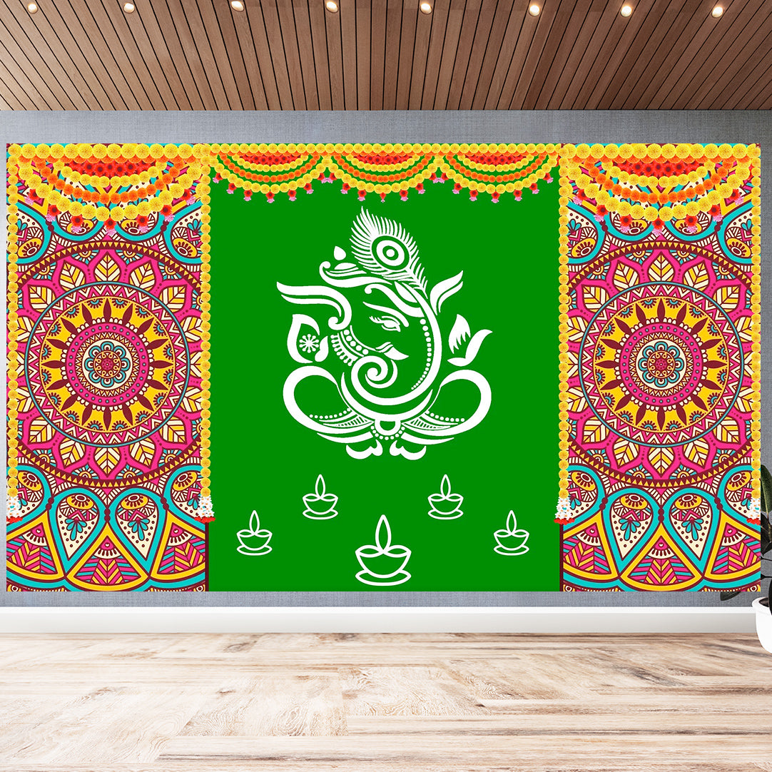 Indian Tradition Hanging Flower With Rangoli (Muggu) and GANESH JI Design Decoration Backdrop Cloth for Pooja Decoration Size (5x8) FT