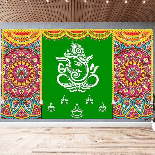 Indian Tradition Hanging Flower With Rangoli (Muggu) and GANESH JI Design Decoration Backdrop Cloth for Pooja Decoration Size (5x8) FT