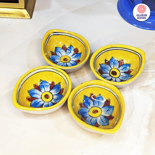 Blue Pottery Yellow Flower Design Diya - Single Piece