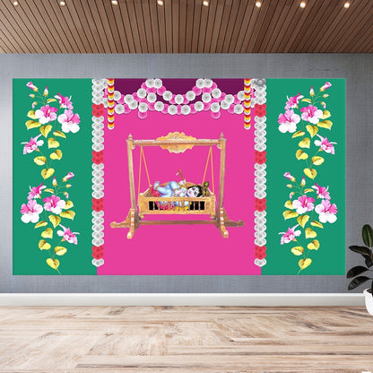 Little Krishna in Cradle design Backdrop for Pooja Decoration Traditional / Background Curtain for Pooja Size (5x8) FT