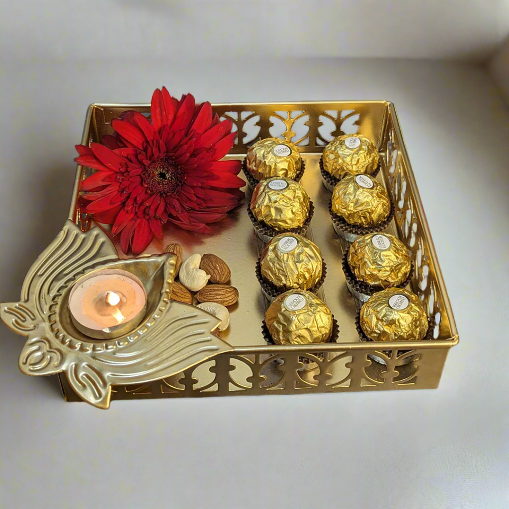 Metal Tray With Lotus Diya