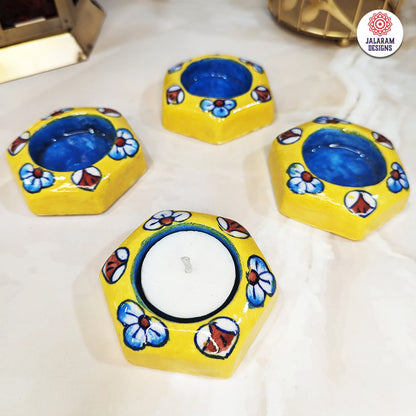 Blue Pottery Yellow Flower Hexagonal Design Tea Lights - Single Piece